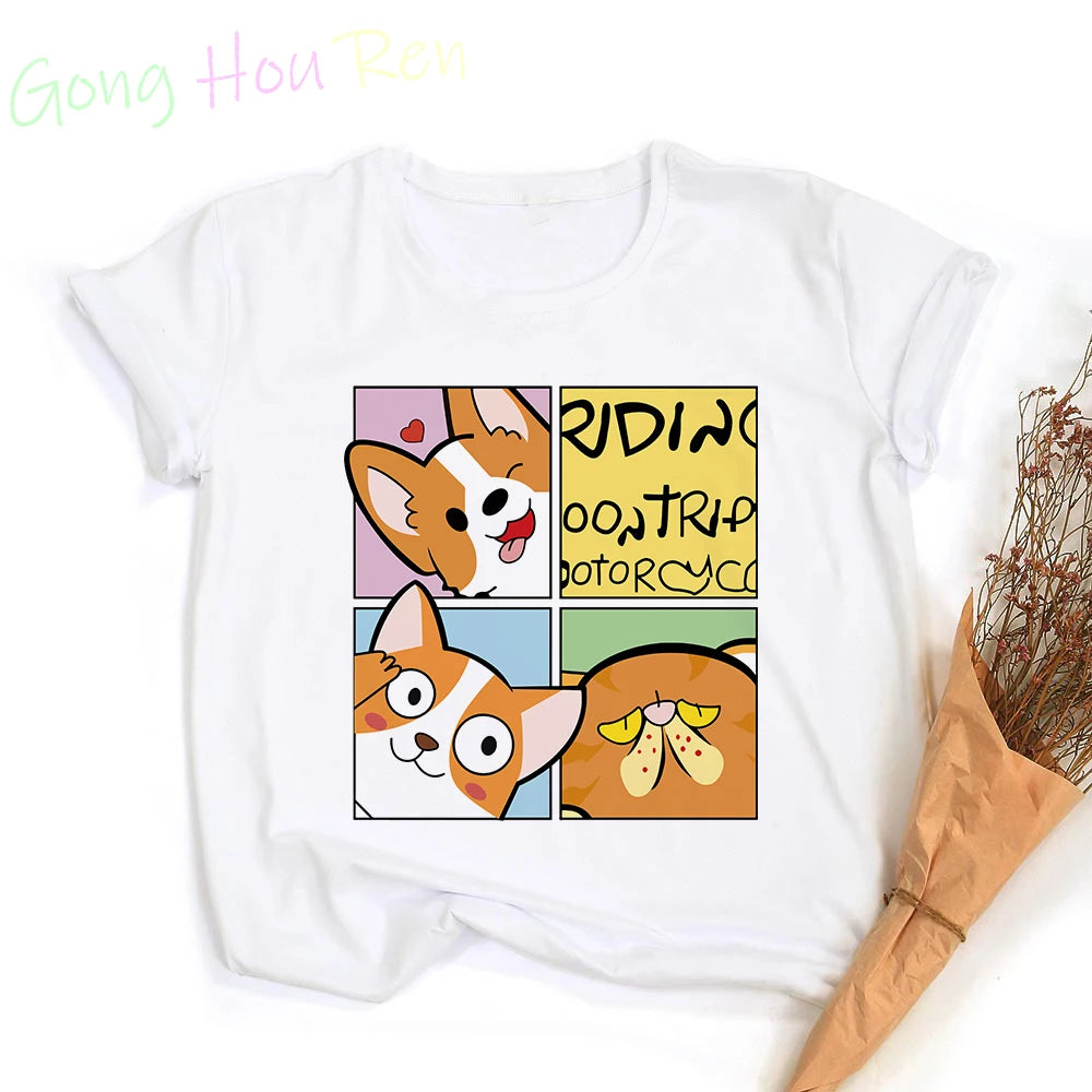 Gong Hou Ren Women’s Corgi Cartoon Graphic T-Shirt – Summer 2024 Collection