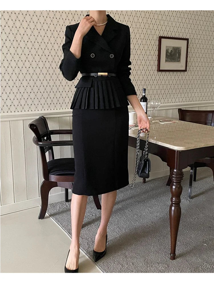 Autumn Spring Office Ladies Two Piece Set Double-Breasted White Ruffles Belt Blazer Tops + Split Pencil Skirt Suit