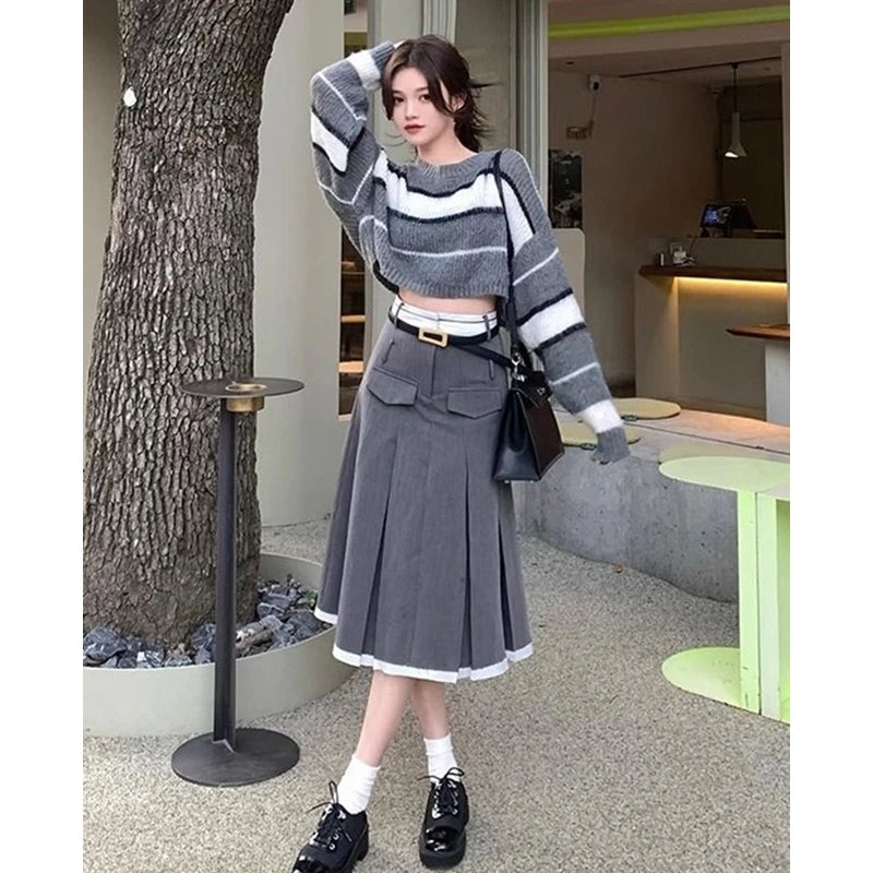 2024 Spring Autumn Stripe Short Pullover Skirts 1 or Two Piece Set Lady Knit Crop Tops Gray Skirt Outfits Korean Clothes