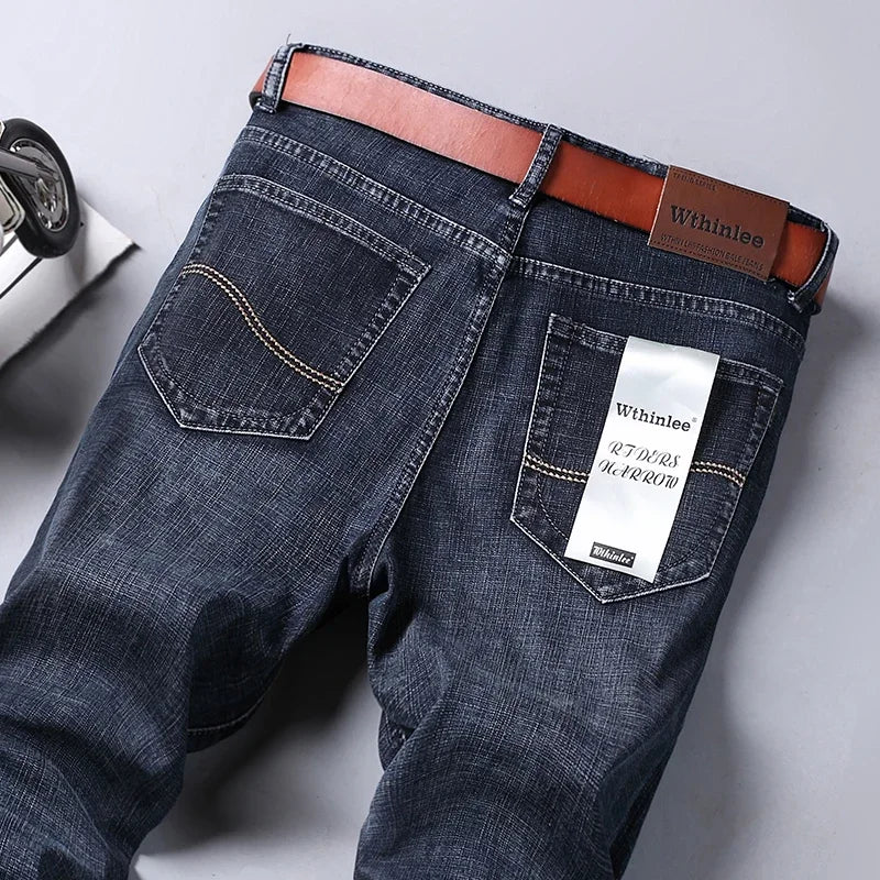 WTHINLEE Men's Smart Casual Mid-Waist Denim Jeans - Straight Fit, Full-Length, Midweight