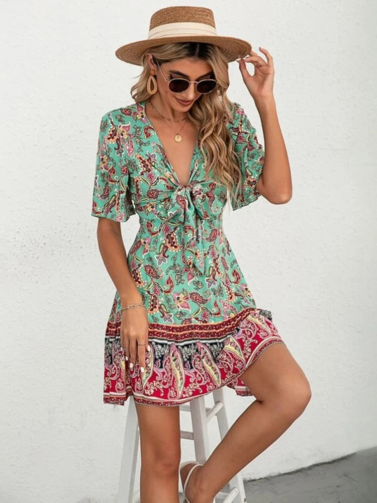 NoEnName_Null Junior Women's Bohemian V-Neck Printed Mini Dress