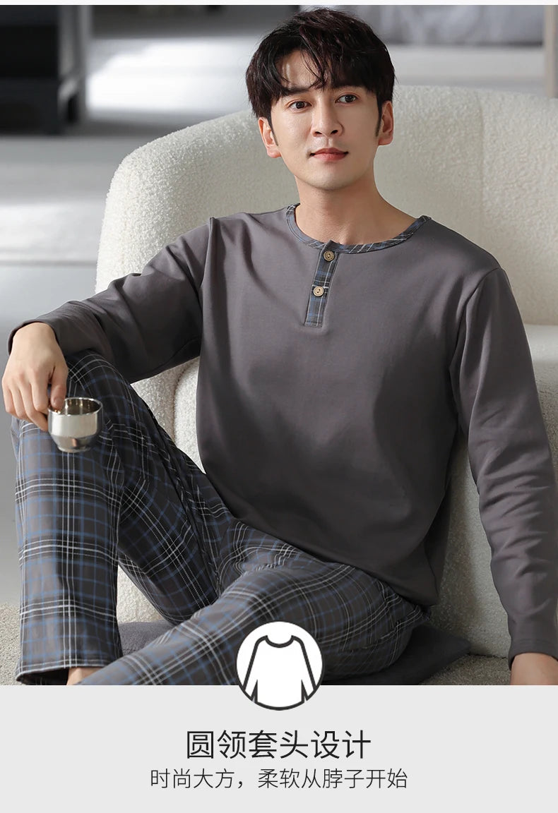 Elegant Man's Pajamas Loungewear 2023 Autumn Winter New Big Size 3xl 4xl Knitted Cotton Sleepwear Fashion Lounge Set Nightwear