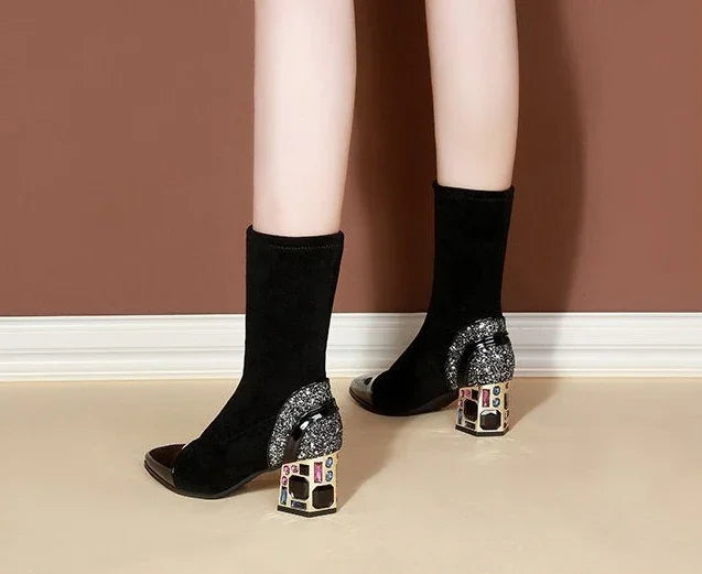 Shangkaka Women's Mid-Calf Sock Boots – Crystal Detailing, Pointed Toe, High Square Heel