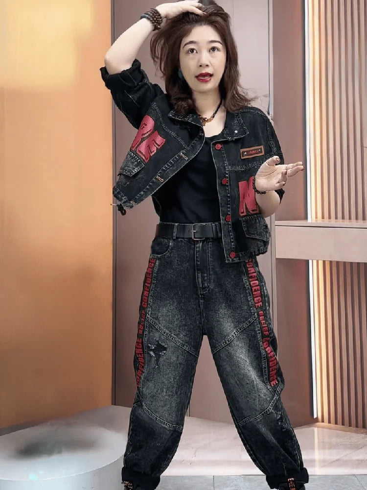 2024 Spring Autumn New Fashion Cool Personality Distressed Print Denim Set Women Loose Long Sleeved Jacket + Jeans