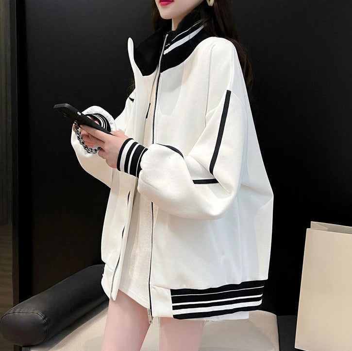 Stylish Striped Zip-Up Sweatshirt for Women - Cozy & Versatile Autumn/Winter Office Wear