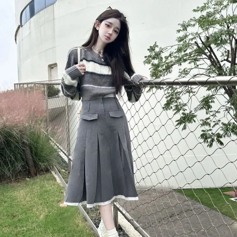 2024 Spring Autumn Stripe Short Pullover Skirts 1 or Two Piece Set Lady Knit Crop Tops Gray Skirt Outfits Korean Clothes