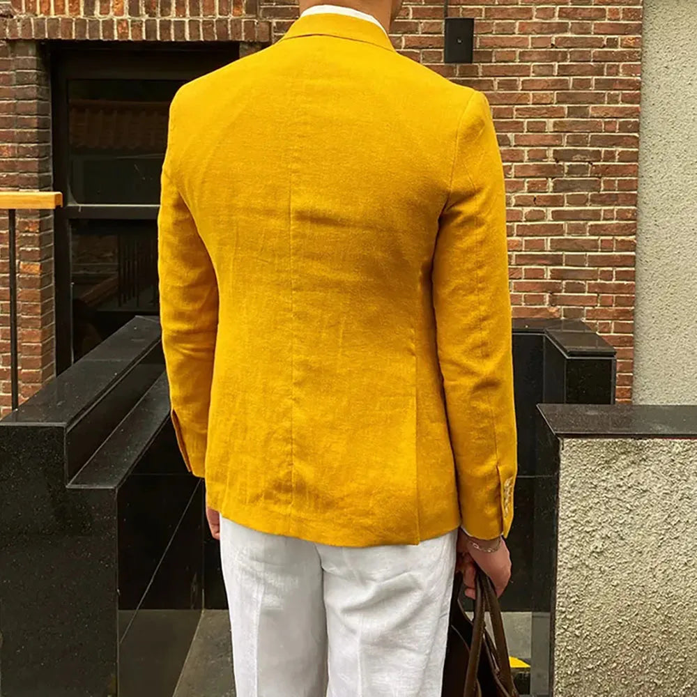 Casual Linen Double Breasted Peak Lapel Regular Length Slim Fit 2 Piece Jacket Pants Beach Tailor Full Set Chic Blazer for men