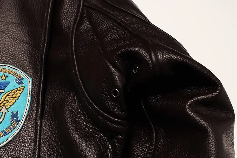 NoEnName_Null Men’s Military Style Cow Leather Jacket – Winter Outerwear with Zippers and Turn-Down Collar