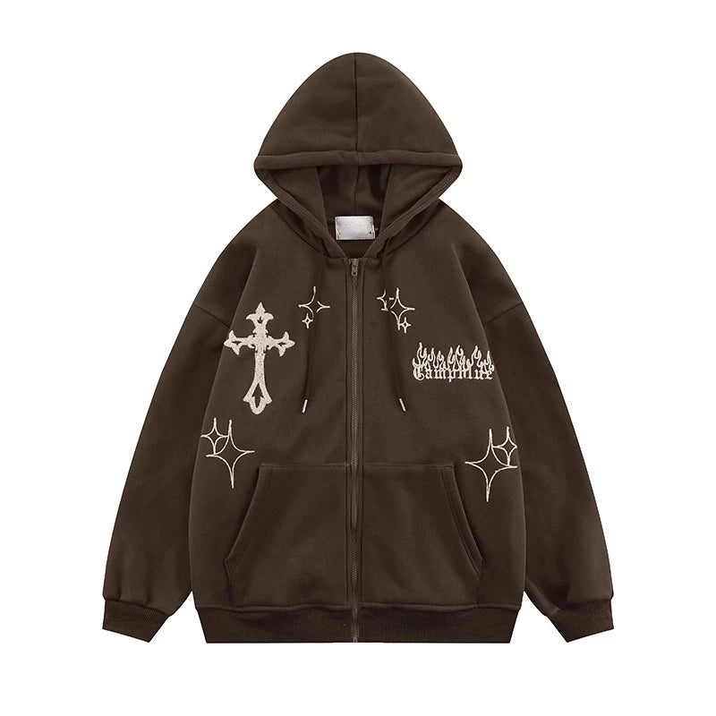 Streetwear Hooded Zip-Up Hoodie for Women – Printed Loose Fit Autumn/Winter Sweatshirt