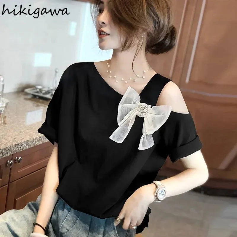 HIKIGAWA Women's Casual Summer Tee – Bow Detail, O-Neck, Short Sleeve Cotton Blend