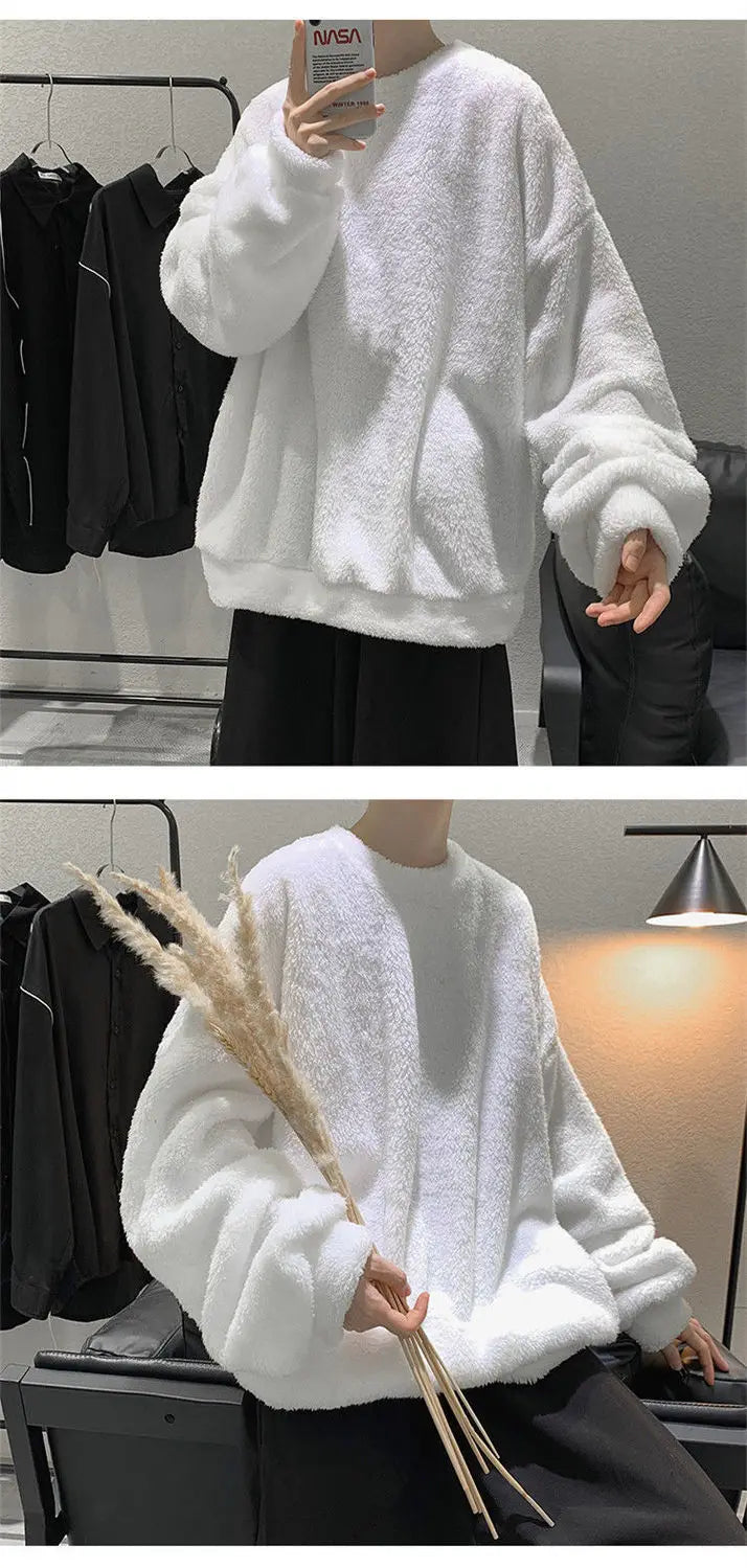 Zuolunouba Men's Solar System Sweatshirt – Casual Solid Color O-Neck with Wool Liner for Autumn & Winter