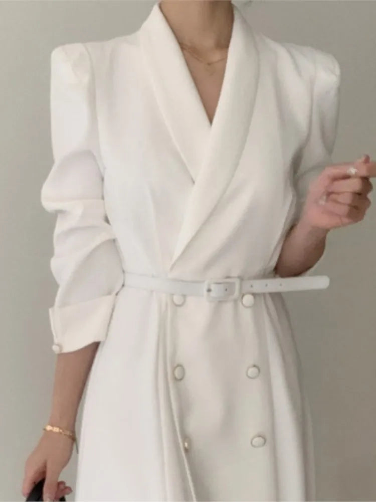 NoEnName Women's Office Lady A-Line Mid-Calf Dress – Double Breasted, Notched Neckline, and Sashes Decoration