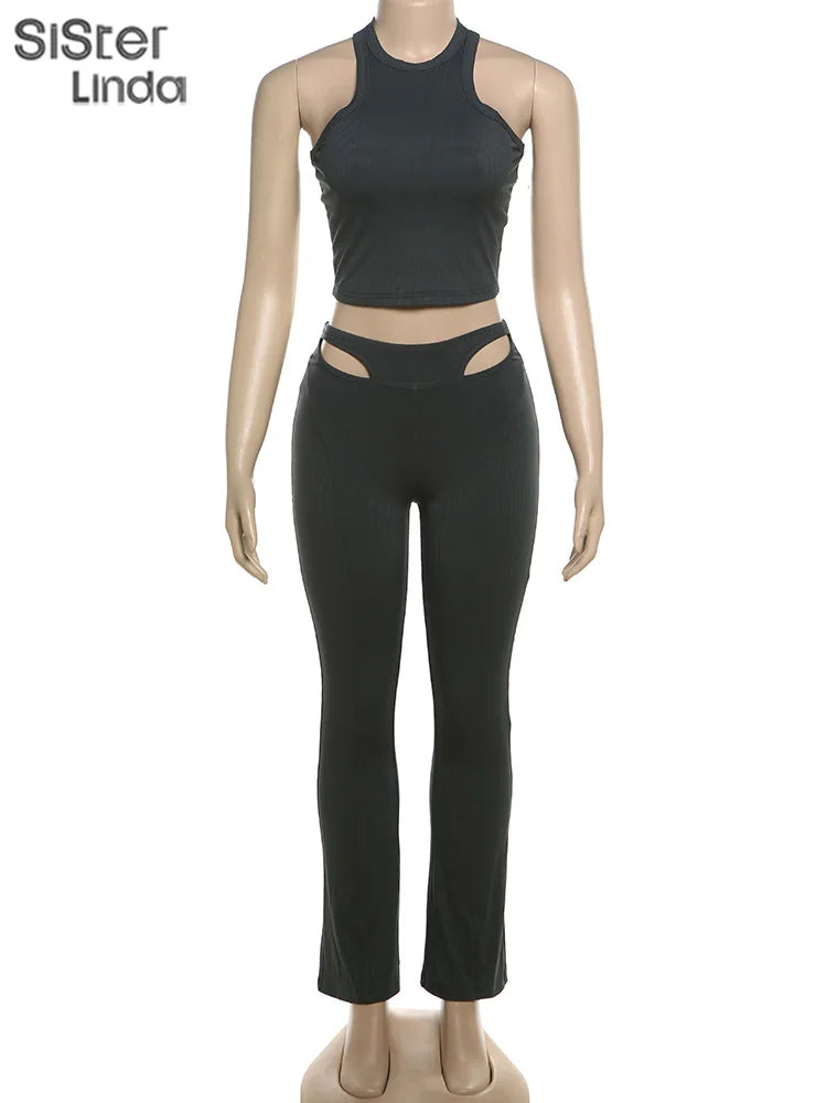 Sisterlinda Women's Casual Super-Short Skinny Pants & O-Neck Pullover Set - Spring/Summer 2024