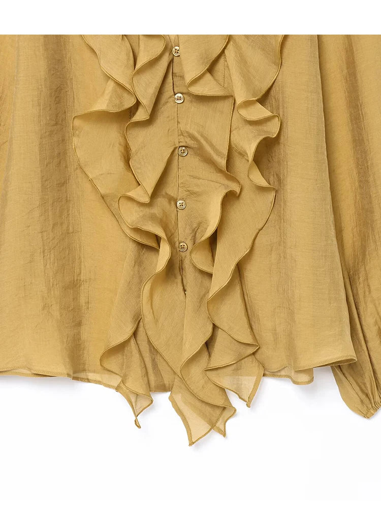 Women's Ruffle V-Neck Button-Down Vintage Shirt Spring Summer 2025 Kumsvag