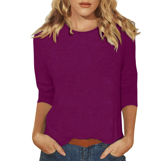 Women's Summer T-Shirts 2024 Fashion Casual Everyday Versatile O-Neck 3/4 Length Sleeve Tops Solid Color T-Shirt Tops Plus Size
