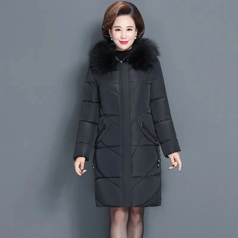 NoEnName_Null Middle-Aged WomenWinter Cotton Coat Hooded, Zipper Closure, Casual Style, Thick and Warm
