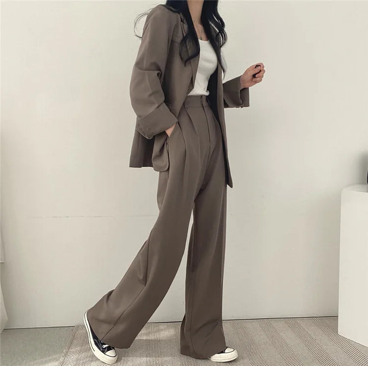 eDressU Women's Casual High-Waist Wide Leg Pant Suit - Full Length, Loose Fit, Shawl Collar, Pockets, All-Season Polyester