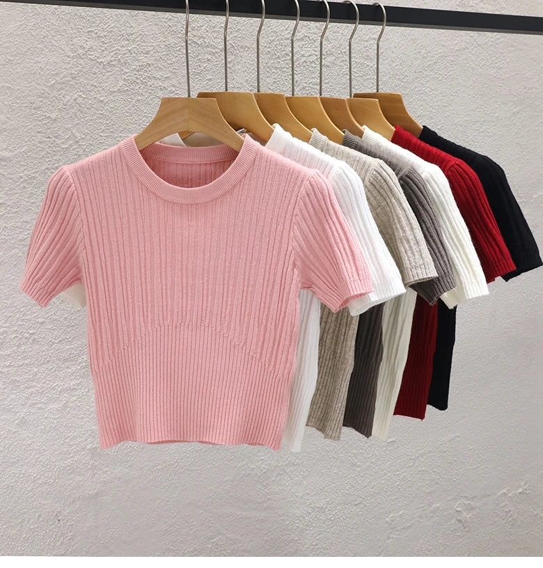2025 Summer T shirts for Women Casual Korean Knit Streetwear Basic Solid Young Cool Tops