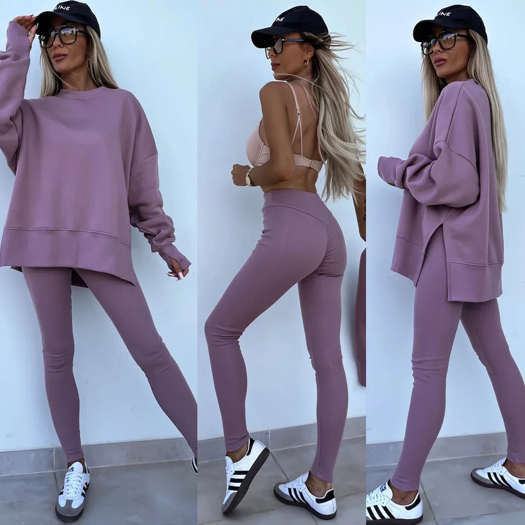 NoEnName_Null Women's Casual Pullover Set - Solid Color, Mid Waist, Full Sleeve - Autumn/Winter 2024