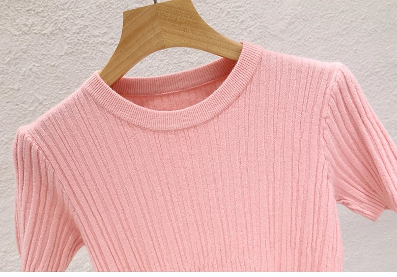 2025 Summer T shirts for Women Casual Korean Knit Streetwear Basic Solid Young Cool Tops