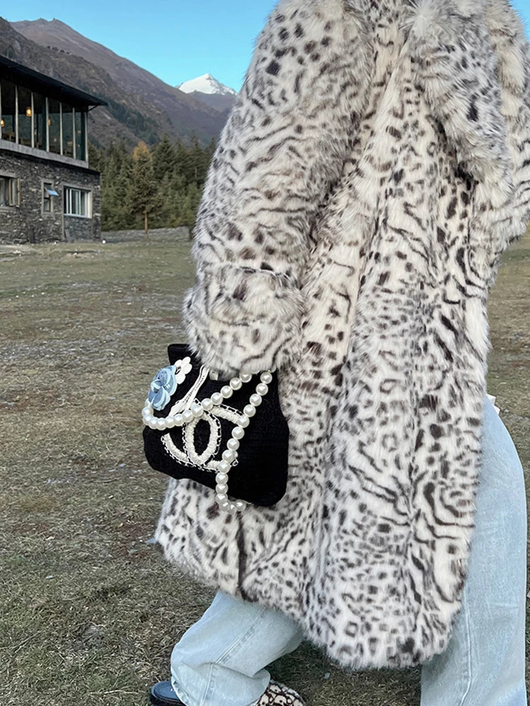 Mauroicardi Men’s Casual Leopard Faux Fur Winter Coat - Single-Breasted, Long-Length with Pockets