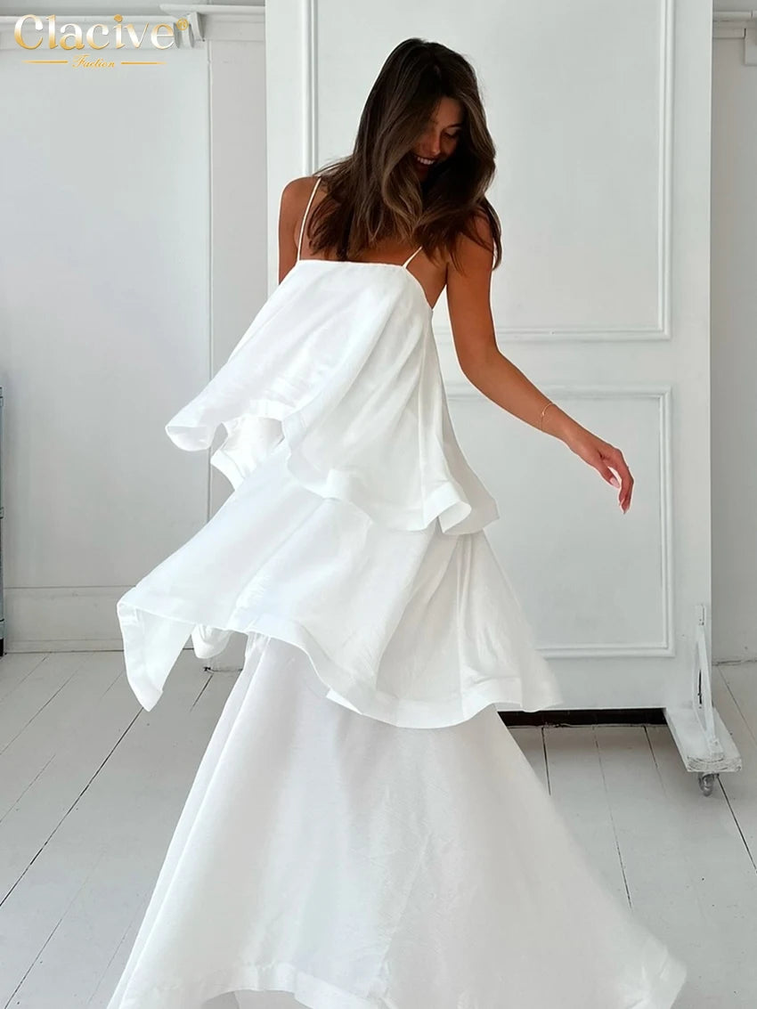 Clacive Women's Elegant White Satin Pleated Sleeveless Ankle-Length Dress (LYQ15963J)