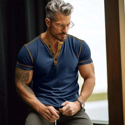 NoEnName_Null Men's Henley Cotton Blend T-shirt - Casual Vintage Short Sleeve Tee for Spring & Summer