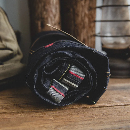 MADEN Men’s Safari Style Slim Fit Straight-Leg Denim Jeans - Embroidered, Vintage-Inspired with Raw Denim Finish