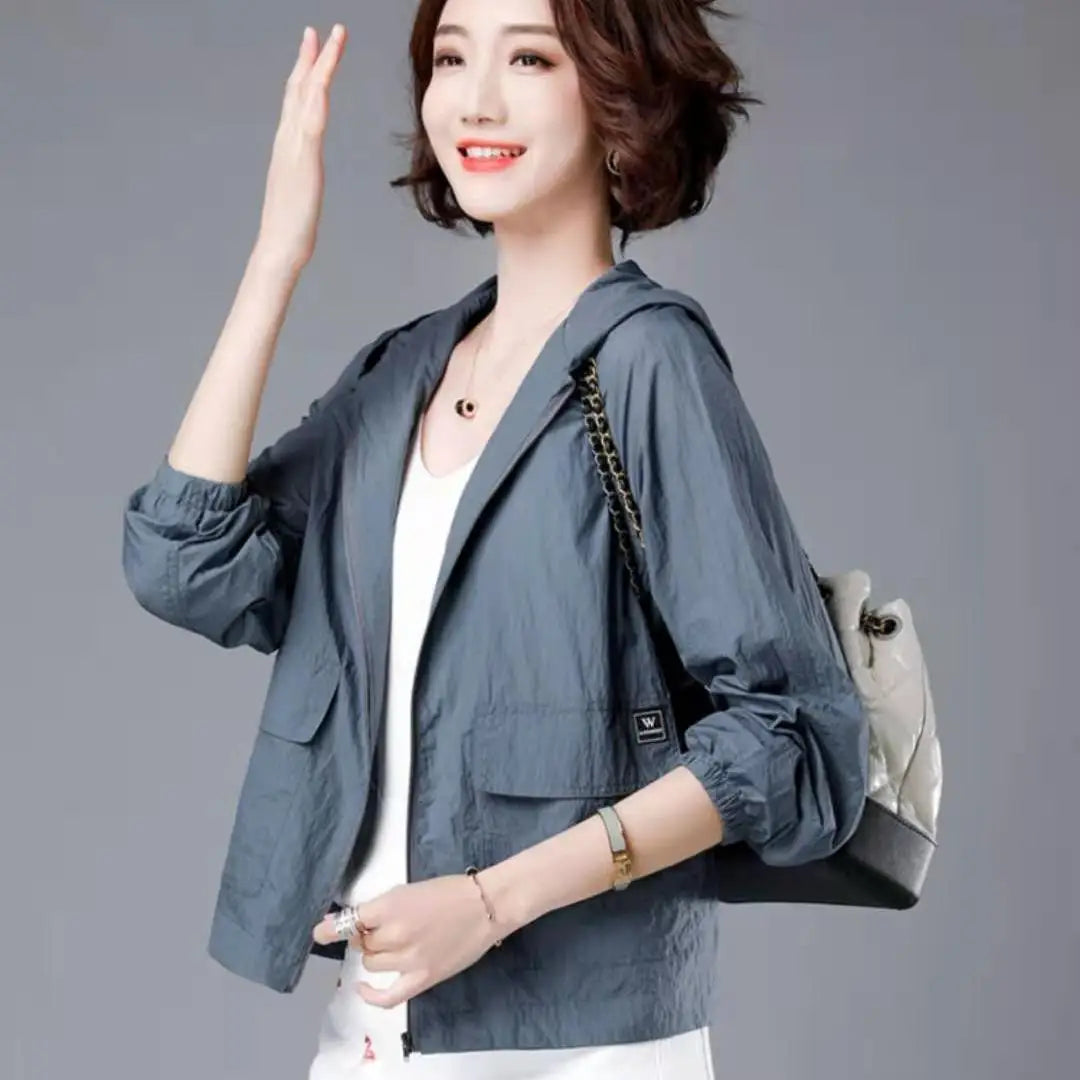 CHUJIE Women's Lightweight Hooded Summer Jacket – Office Lady Style, Zipper Closure