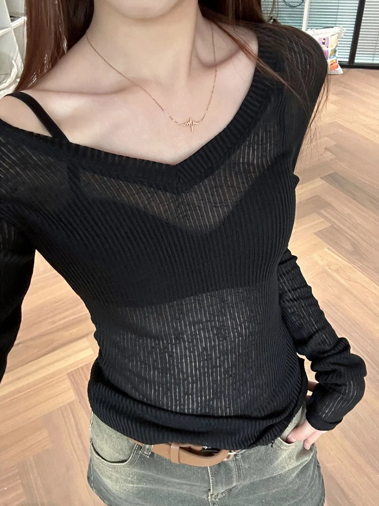 Women's Skinny Fit V-Neck Long Sleeve Stretch Tee – Summer 2025 | JEYONGZOO