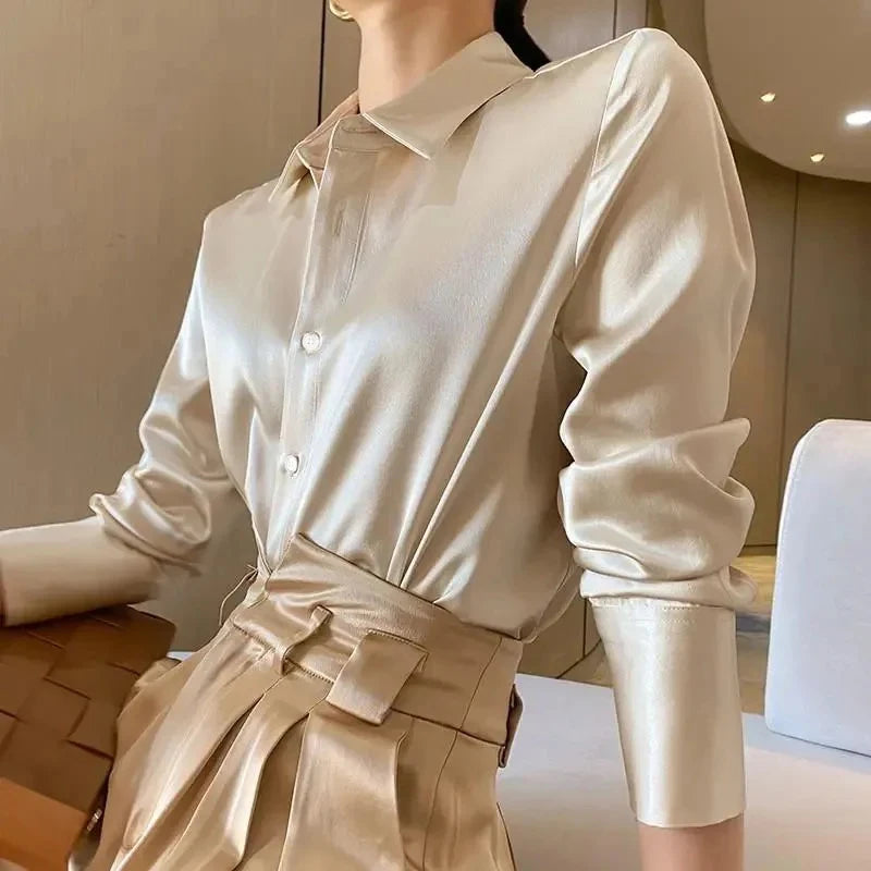 SUYISODA Women's Casual Satin Shirt - Office Lady Style with Button Decoration & Turn-down Collar