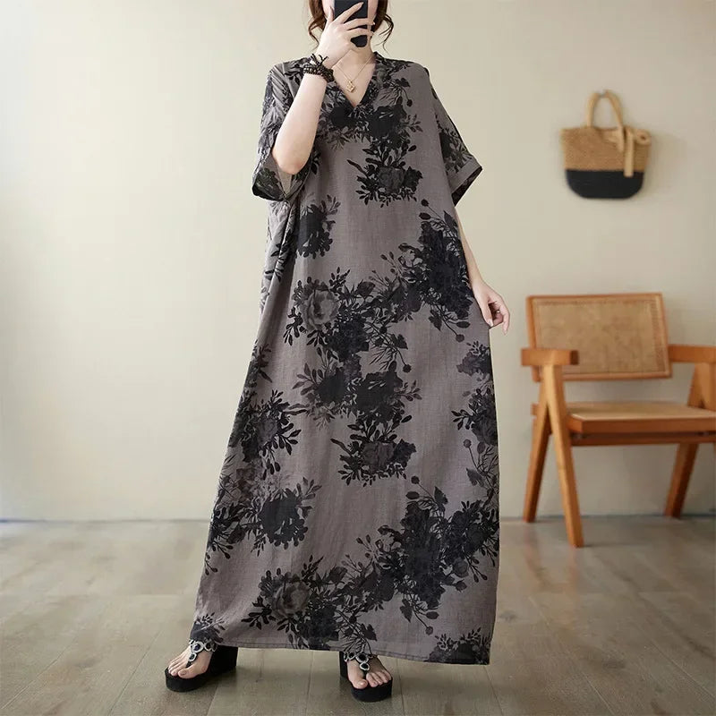 Boho Floral Cotton-Linen Summer Dress for Women – Ankle-Length, Loose Fit, O-Neck