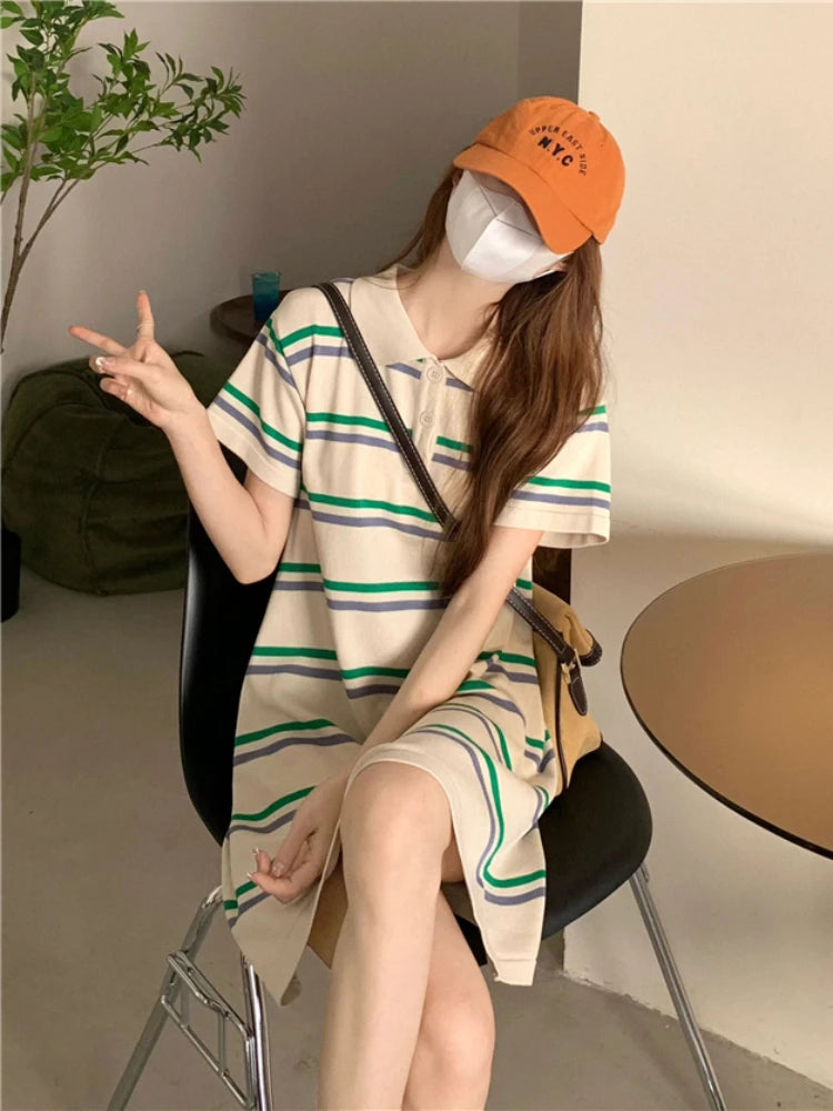 Frankivsk Women's Japanese Style Striped Turn-Down Collar Mini Dress for Spring/Summer