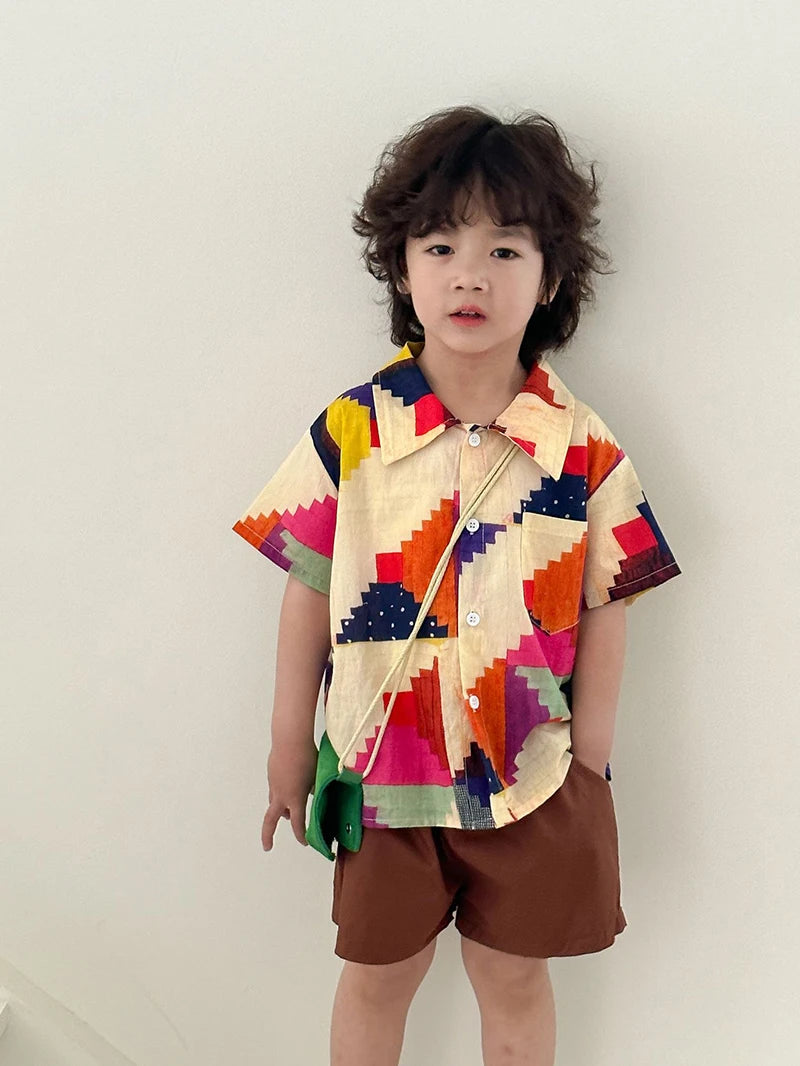 MILANCEL Summer Cotton Clothing Set for Kids (Ages 4-6Y) – Unisex Vacation Outfit with Printed Shirt and Shorts