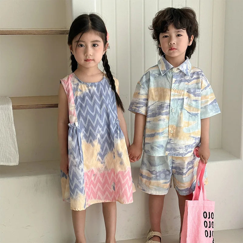 MILANCEL Unisex Summer Patchwork Clothing Set for Kids (Ages 4–6Y) – Cotton Shirt and Shorts Vacation Outfit