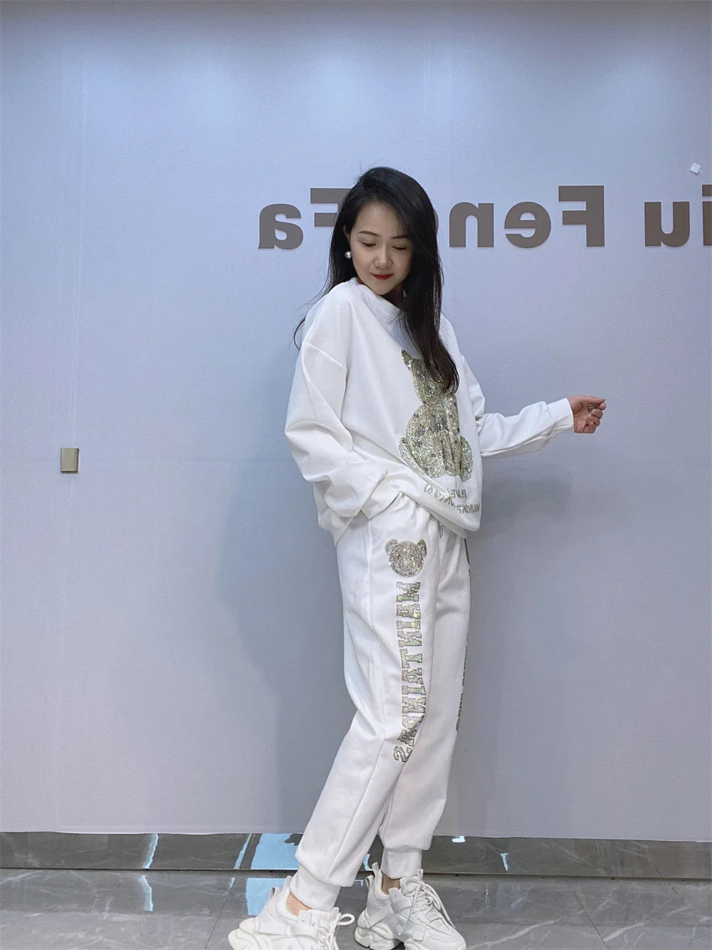 NoEnName_Null Casual Autumn/Winter Cartoon Pattern Pullover Set with Drawstring Waist and Pockets   