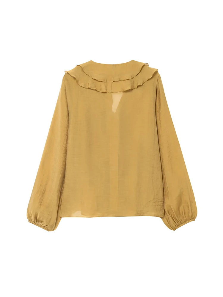 Women's Ruffle V-Neck Button-Down Vintage Shirt Spring Summer 2025 Kumsvag