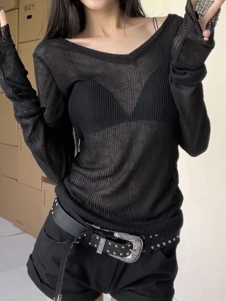 Women's Skinny Fit V-Neck Long Sleeve Stretch Tee – Summer 2025 | JEYONGZOO