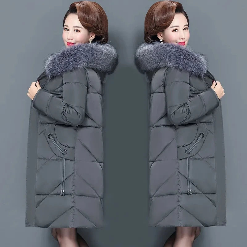 NoEnName_Null Middle-Aged WomenWinter Cotton Coat Hooded, Zipper Closure, Casual Style, Thick and Warm
