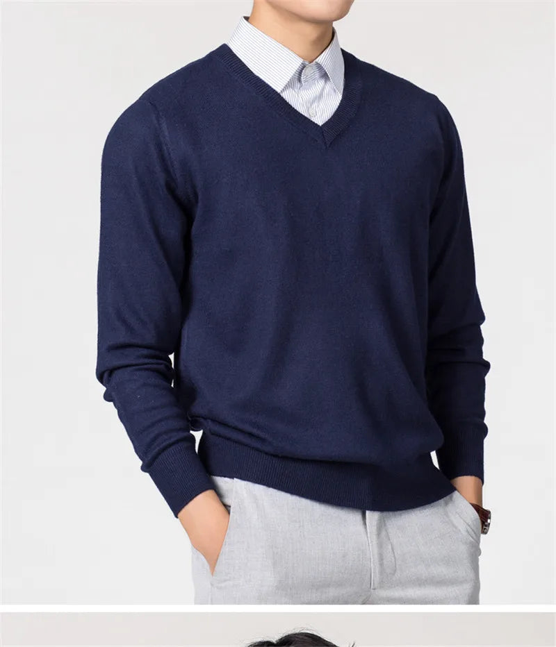 NoEnName_Null Men's Slim Fit Solid V-Neck Sweater Pullover – Autumn & Winter Collection