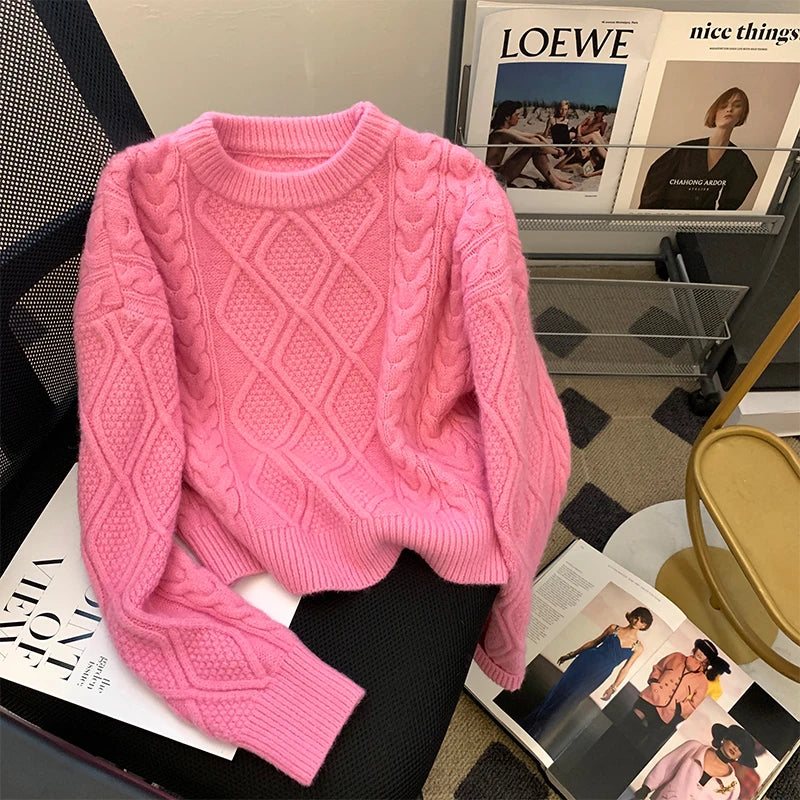 LEOSOXS Women’s Sweet High Street Wool Pullover – Autumn/Winter Solid O-Neck Sweater in Pink