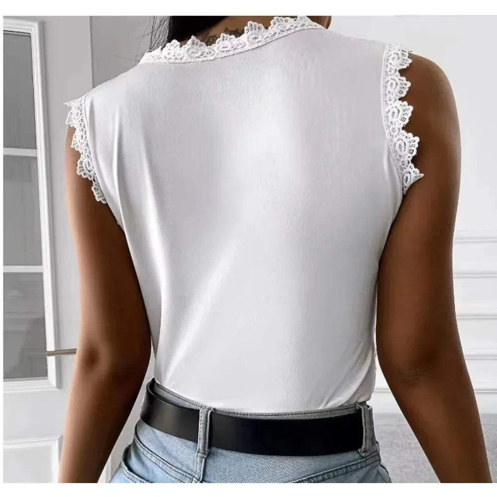 Women's Lace-Decorated Casual Tee – Spring/Summer Regular Fit Top by NoEnName_Null