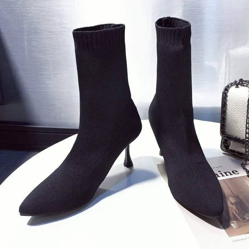 HKWZ Women's Mid-Calf Sock Boots – High Thin Heel, Stretch Fabric, Air Mesh, and Pointed Toe