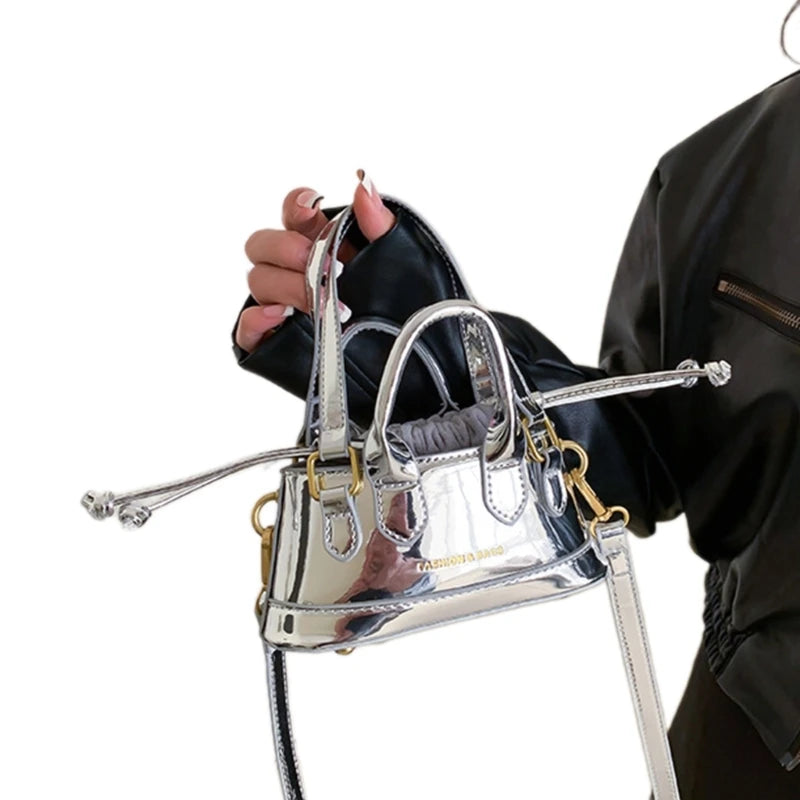 Prettyzys Lacquered Mini Shoulder Bag - Fashionable Drawstring Handheld Crossbody