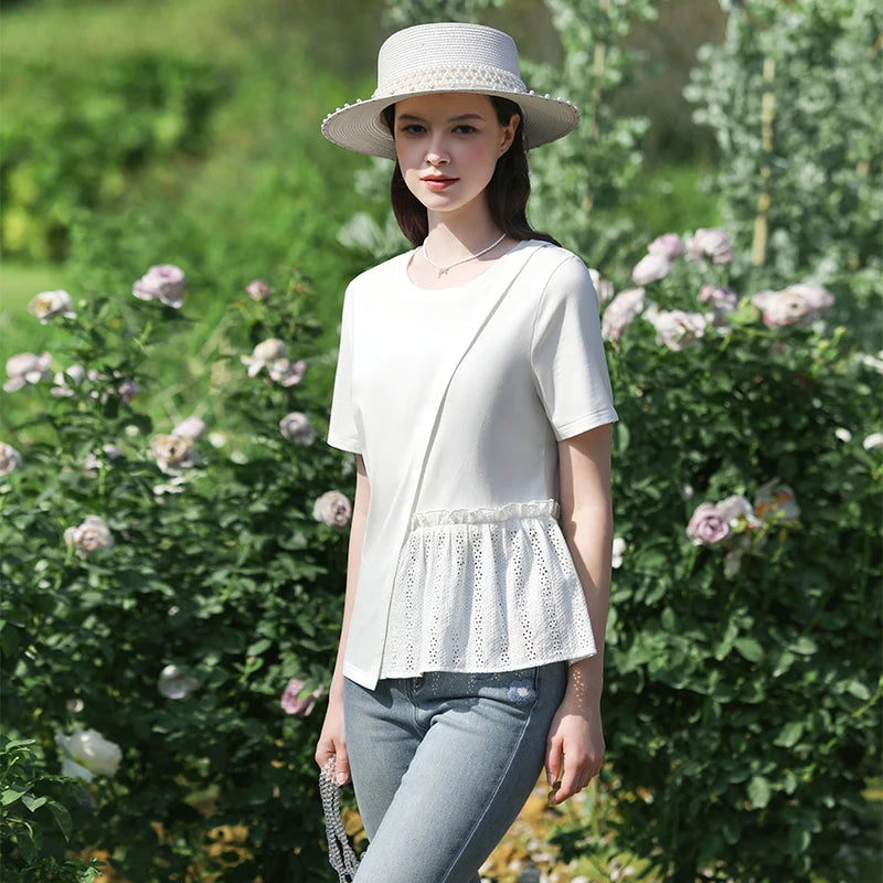 Summer New T-shirts For Women 2024 Spliced Hollow Out Pleated Short-sleeve Casual Fashion Female Blouse 2242015652