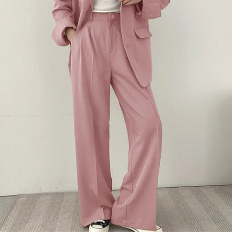 eDressU Women's Casual High-Waist Wide Leg Pant Suit - Full Length, Loose Fit, Shawl Collar, Pockets, All-Season Polyester