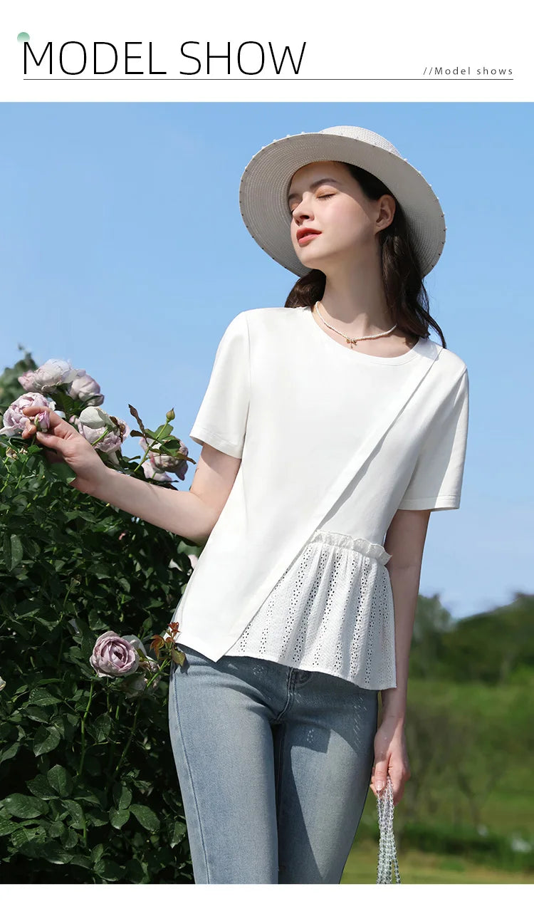 Summer New T-shirts For Women 2024 Spliced Hollow Out Pleated Short-sleeve Casual Fashion Female Blouse 2242015652