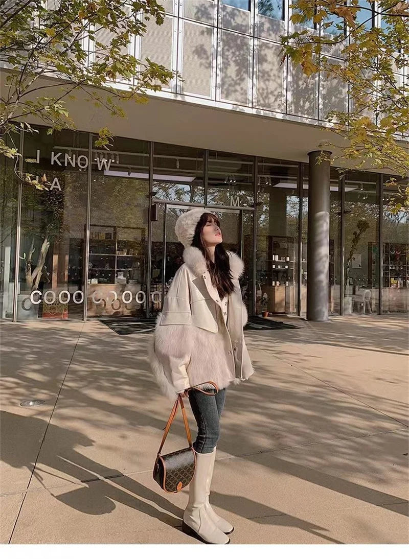 MEILUOYAFAN Women's Winter Office Lady Loose Fit Patchwork Jacket with Button & Pockets – Single Breasted, Turn-Down Collar