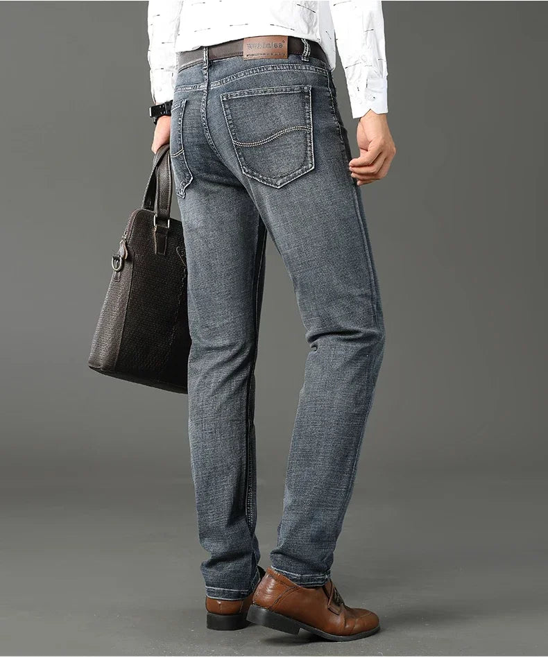 WTHINLEE Men's Smart Casual Mid-Waist Denim Jeans - Straight Fit, Full-Length, Midweight