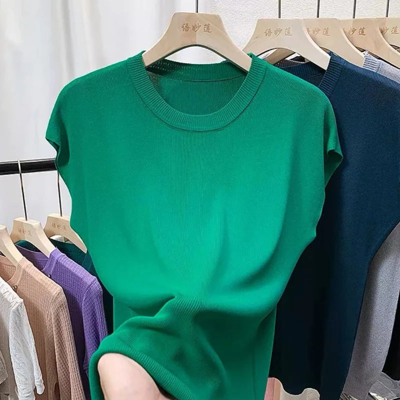 Women's T-Shirts 2024 Summer Ice Silk Knitted Tees Casual Solid Tops Purple Blue Fashion O Neck Short Sleeved Blouse for Women